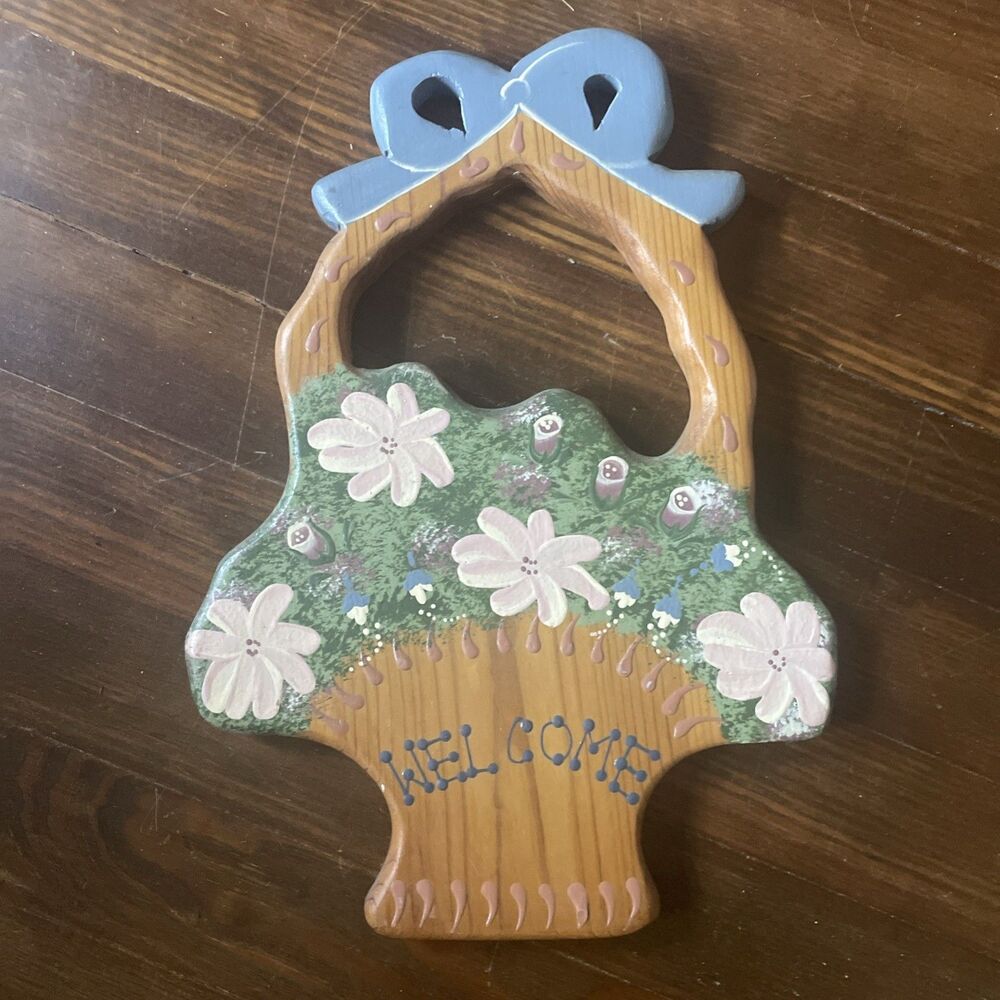 Wooden Cutout "Welcome" Hand Painted Pondarosa Pine Floral Basket Vtg Tole Sign